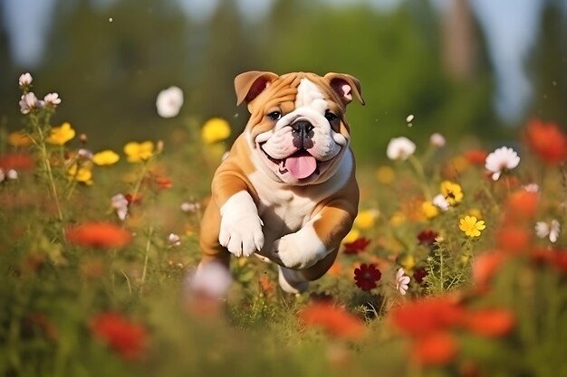 Cute Bulldog Playing Outdoor And Copy Space