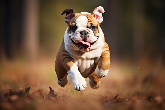 Cute Bulldog Playing Outdoor And Copy Space