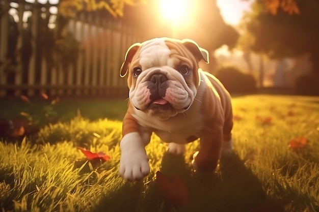 Cute Bulldog Playing Outdoor And Copy Space