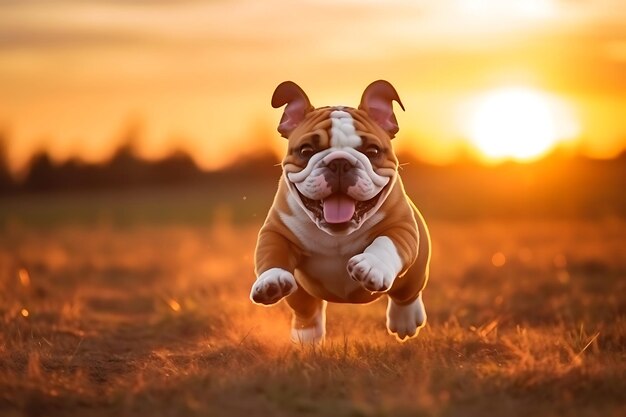 Cute Bulldog Playing Outdoor And Copy Space