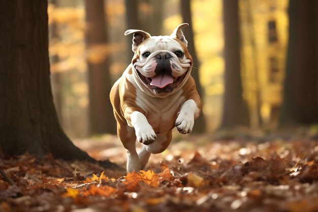 Cute Bulldog Playing Outdoor And Copy Space