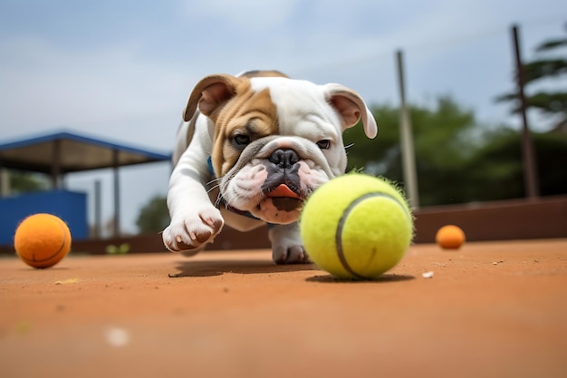 Cute Bulldog Playing Outdoor And Copy Space