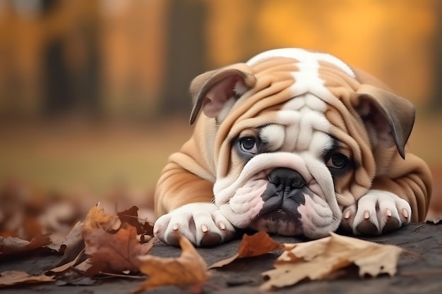 Cute Bulldog Playing Outdoor And Copy Space