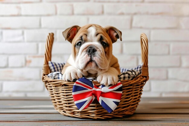 Cute bulldog puppy with union Jack bow in basket rustic brick wall on background