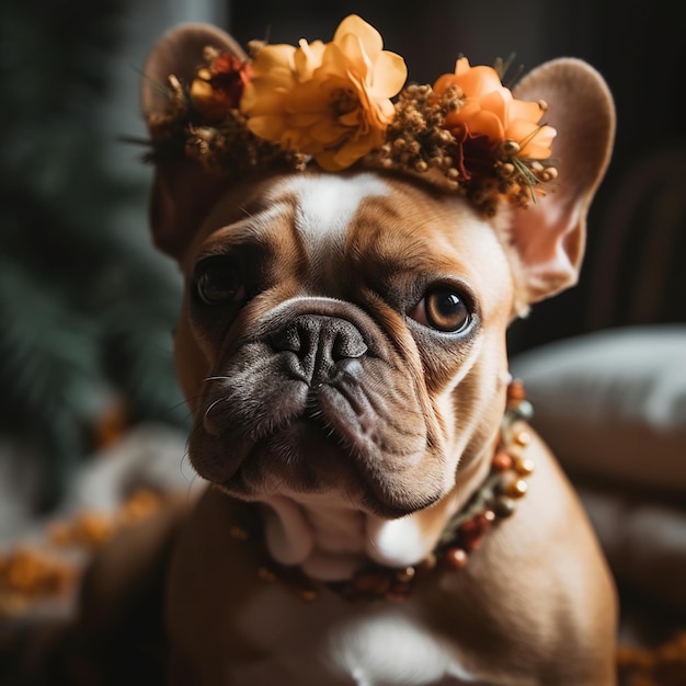 Foto simpatico bulldog che indossa una corona di fiori