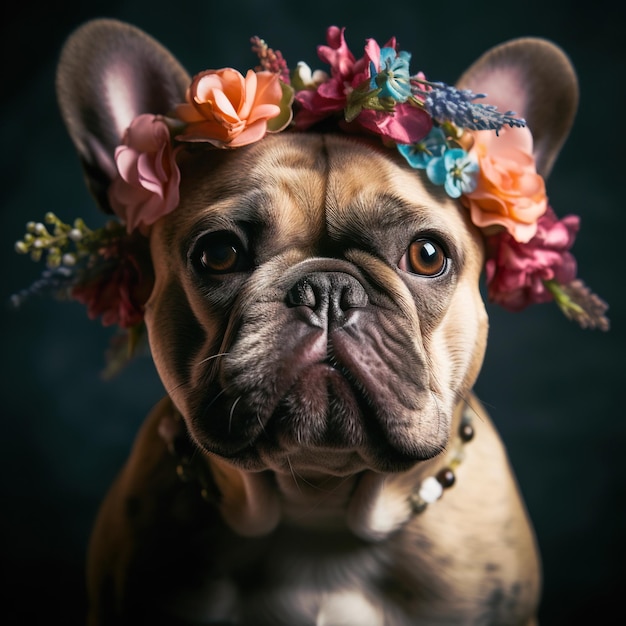 Cute bulldog wearing wreath of flowers