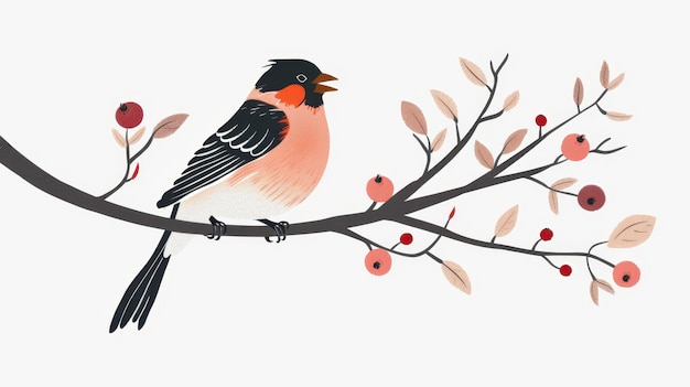 Photo a cute bullfinch singing along on a snowberry tree twig with leaves tweeting birdsongs flat modern illustration isolated on white