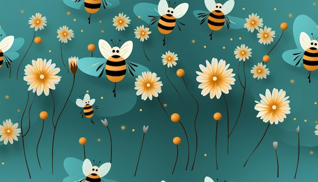 Cute bumblebee pattern Seamless pattern of flying bees and little flowers on a light pastel