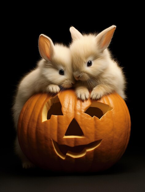 Photo cute bunnies sitting on a pumpkin halloween background