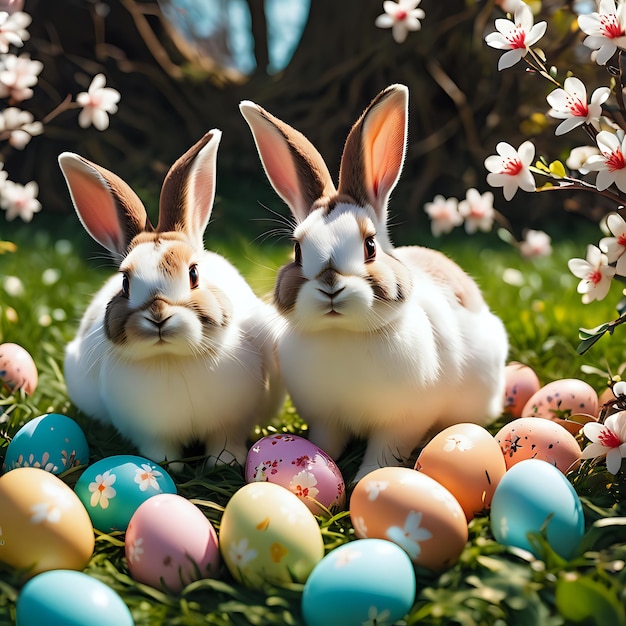 Photo cute bunnies with easter eggs and nature background