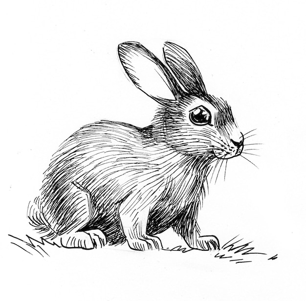 Cute bunny animal. Ink black and white drawing