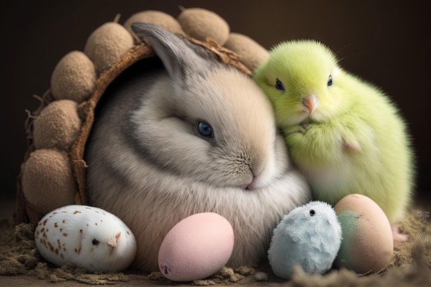 귀여운 토끼와 병아리는 파스텔 색상의 부활절 달걀로 둘러싸여 함께 껴안고 있습니다. 부활절 그림 생성 ai