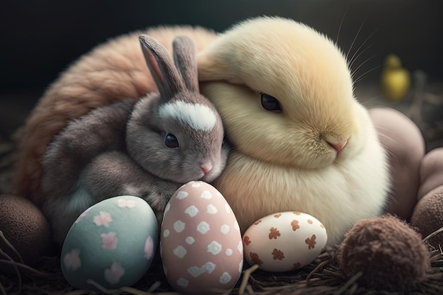 Cute bunny and chick cuddled up together surrounded by pastel colored Easter eggs Easter illustration generative ai