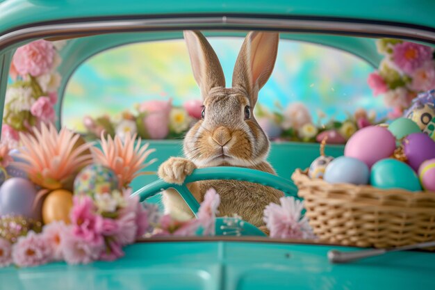 Foto un coniglietto carino che guida un'auto blu piena di uova di pasqua un personaggio divertente di cartoni animati di pasqua illustrazione