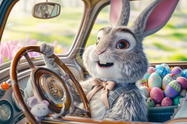 Cute bunny driving car full of Easter eggs funny rabbit character Easter cartoon Illustration