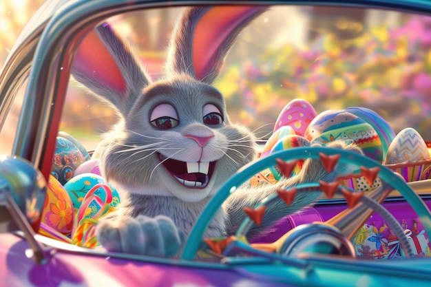 Милый кролик, управляющий машиной, полной пасхальных яиц. Забавный кролик, персонаж пасхального мультфильма.