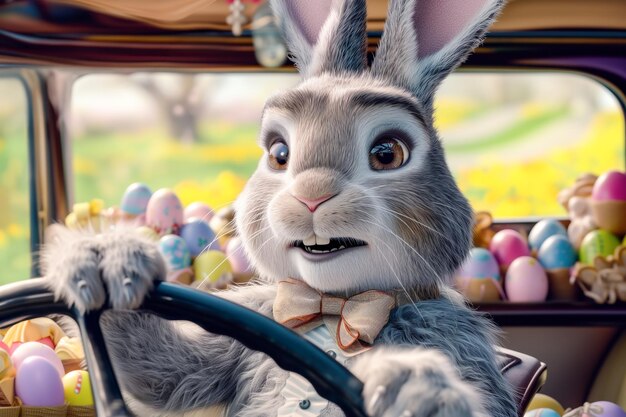 Cute bunny driving car full of Easter eggs funny rabbit character Easter cartoon Illustration