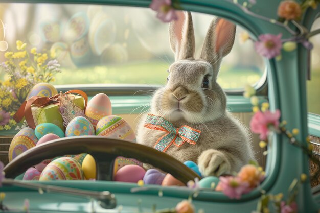 Cute bunny driving vintage car full of Easter eggs rabbit character Easter cartoon Illustration