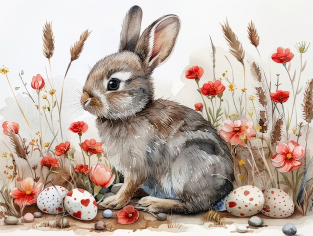 Cute bunny and easter eggs in floral meadow watercolor illustration easter artistic decorative