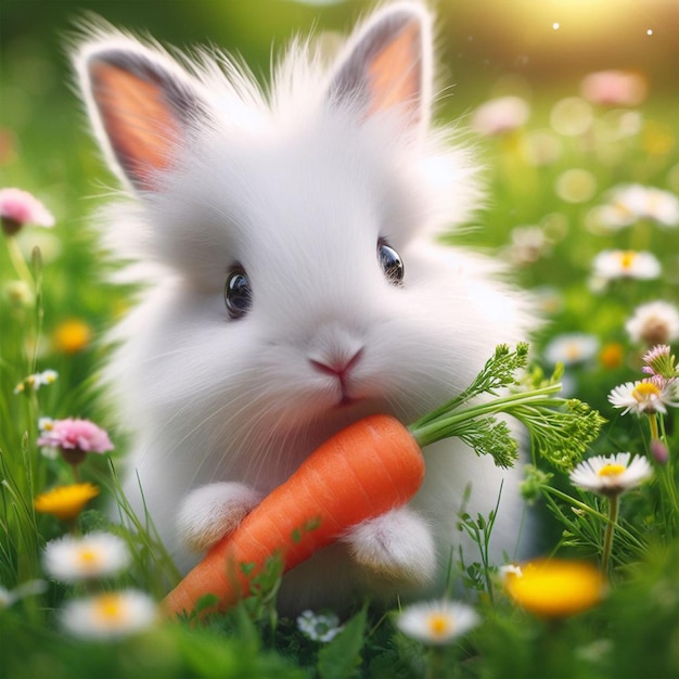 Photo cute bunny eating carrot