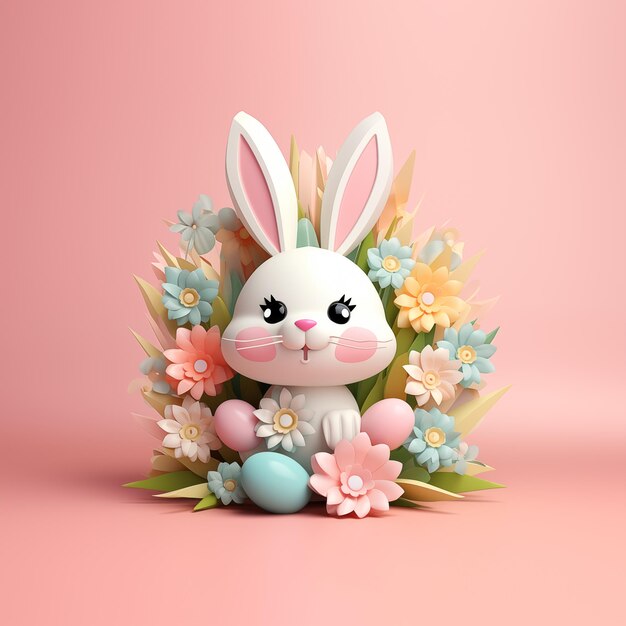 Cute bunny eggs and flowers isolated on pink background 3d Happy Easter day concept or banner