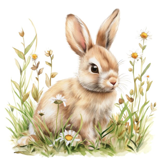 Photo cute bunny in grass pastel flowers watercolor illustration