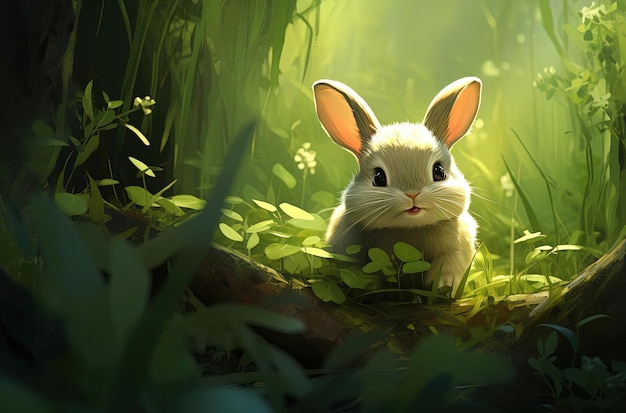 Photo cute bunny in the grass in the style of raphael lacoste