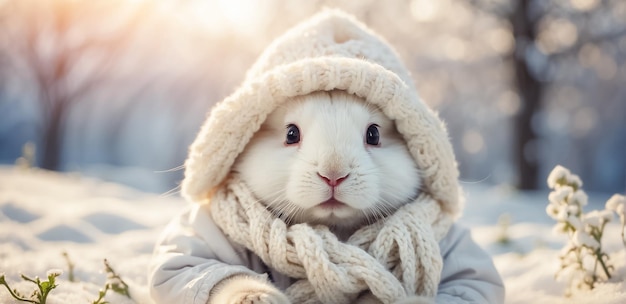 cute bunny in a hat in a winter meadow