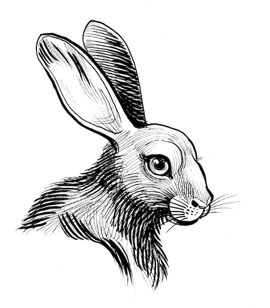 Cute bunny head Handdrawn ink black and white drawing