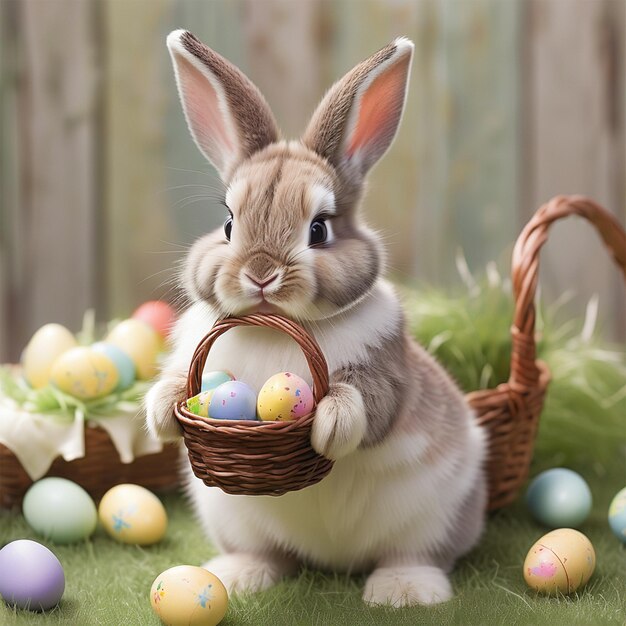 A cute bunny holding a basket colorful eggs on it