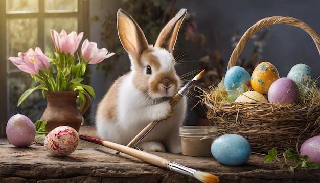 かわいいウサギが爪でブラシを握ってテーブルにイースターの卵を描いています