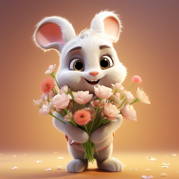 cute bunny holding flowers bouquet