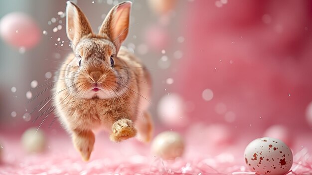 Cute bunny jumping and easter egg on pink background Concept of happy easter day space for text