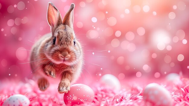 Cute bunny jumping and easter eggs on pink background Concept of happy easter day space for text