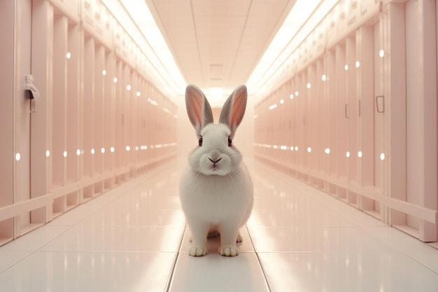 Cute Bunny in a Long Illuminated Lab Hallway