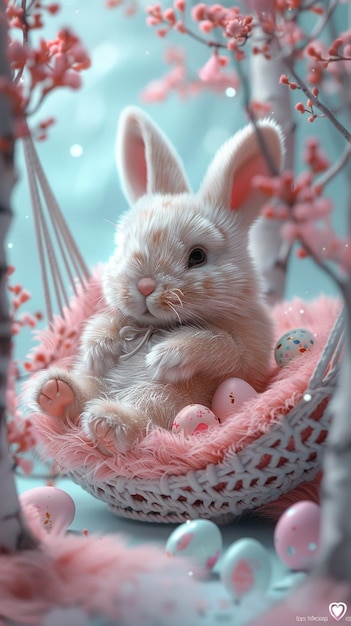 Cute Bunny Lounging In A Hammock Strung Between Background