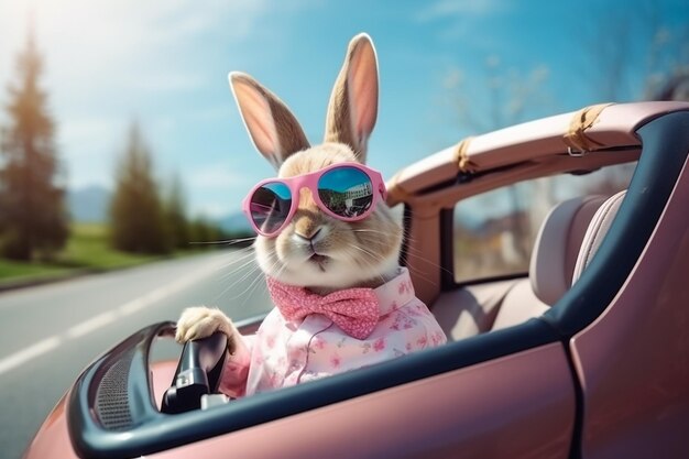 Foto coniglietto carino su una macchina da gioco rosa sul marciapiede con la coda di cotone bianco appesa fuori