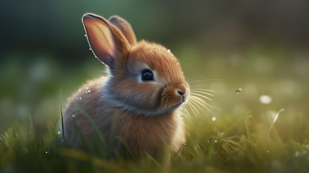 아침 이슬 방울과 외진 흐릿한 배경으로 풀밭에서 놀고 있는 귀여운 토끼