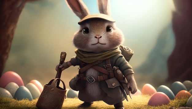 A cute bunny protects Easter eggs Bunny with a spear Generative AI