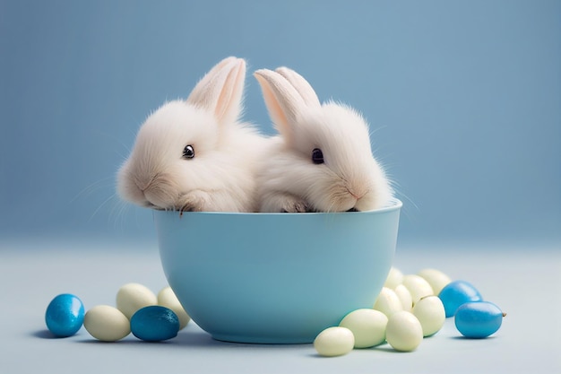 파란색 그릇에 귀여운 토끼 토끼