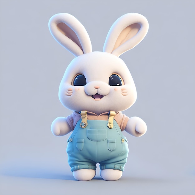 ショート パンツとサスペンダーのかわいいウサギの 3 D レンダリング