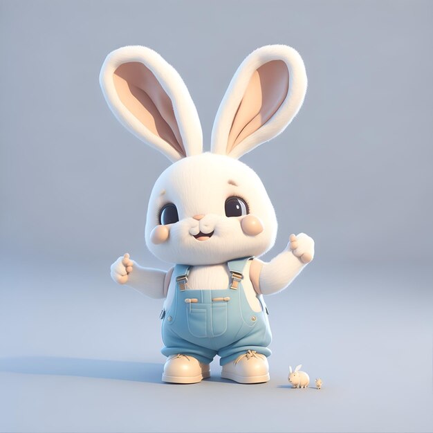 ショート パンツとサスペンダーのかわいいウサギの 3 D レンダリング