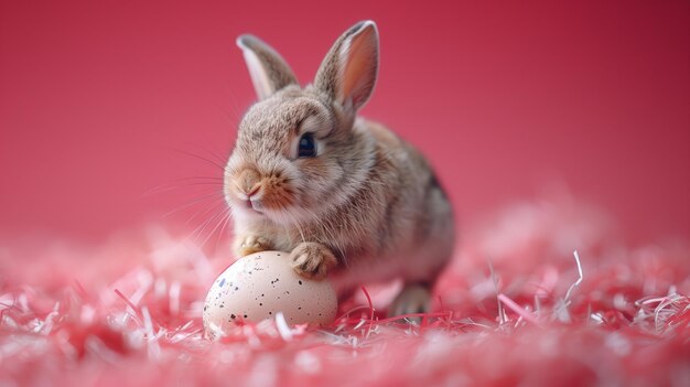 Cute bunny and single easter egg on pink background Concept of happy easter day space for text