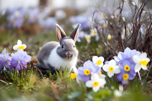 Cute bunny sitting on green field spring meadow with crocus flowers nature background Easter concept with rabbit AI generated