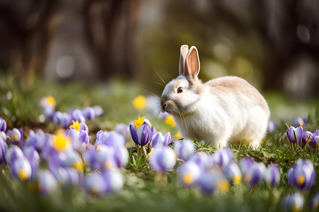 크 로커 스 꽃 자연 배경 부활절 개념 녹색 필드 봄 초원에 앉아 귀여운 토끼 AI 생성