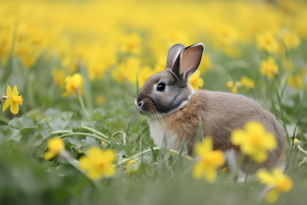 緑の野原春の牧草地に座っているかわいいバニーと黄色の水仙の花、自然の背景イースターの概念とウサギ AI 生成