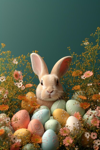 Cute bunny surrounded by colorful Easter eggs and spring flowers