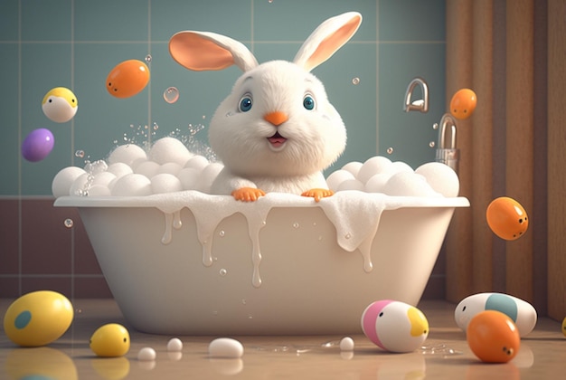 Cute bunny taking a bath in a bath with balls generative ai