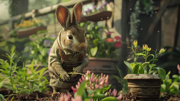 Photo a cute bunny wearing a brown vest is standing in a garden the bunny is looking at the camera there are flowers and plants all around the bunny