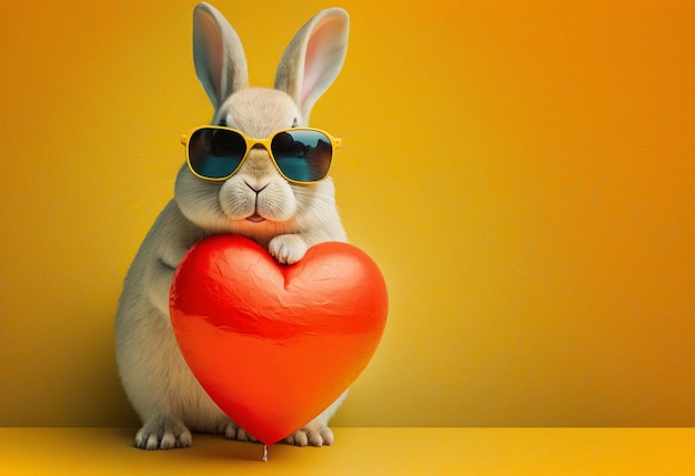 Cute bunny wearing glasses and holding a heart shape balloon isolated on yellow background generative AI